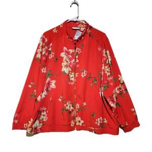 Susan Graver Red Floral Full Zip Lightweight Bomber Jacket Womens 2X Romantic
